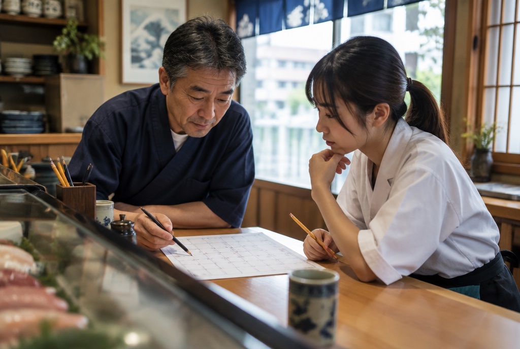 寿司店のカウンターで来月のシフトを相談する店主とアルバイト。AI生成のイメージで、実際の画面・事例・提供内容を示すものではありません。