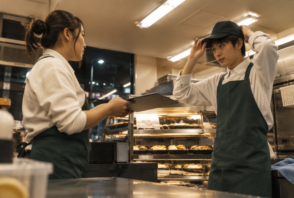 夜の弁当店でクリップボードを渡してシフト交代するスタッフ。AI生成のイメージで、実際の画面・事例・提供内容を示すものではありません。