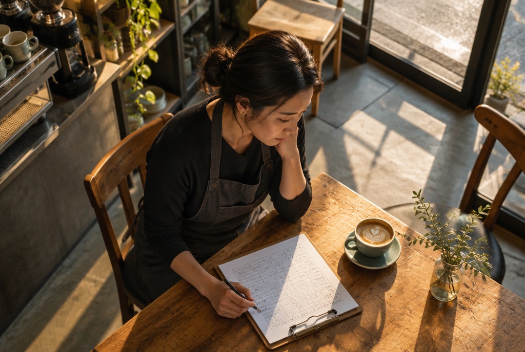 閉店後のカフェで手書きのシフト表を見直す女性店長。AI生成のイメージで、実際の画面・事例・提供内容を示すものではありません。