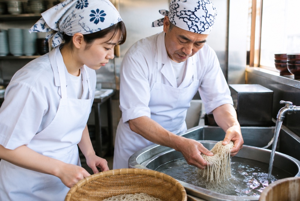 そば店の厨房で新人に麺の洗い方を教える先輩スタッフ。AI生成のイメージで、実際の画面・事例・提供内容を示すものではありません。