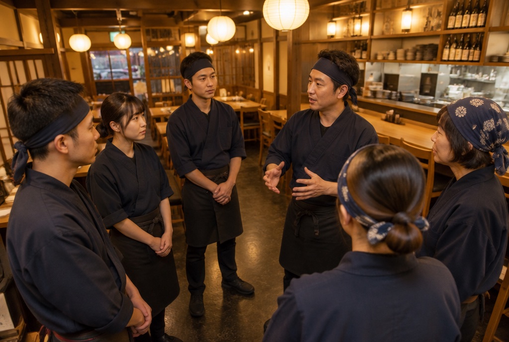 開店前の居酒屋で店長の話を聞くスタッフたちの朝礼。AI生成のイメージで、実際の画面・事例・提供内容を示すものではありません。