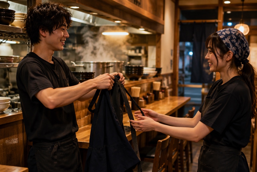 深夜のラーメン店でエプロンを渡してシフト交代する店員。AI生成のイメージで、実際の画面・事例・提供内容を示すものではありません。