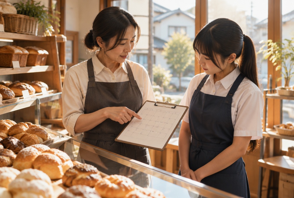 午後のパン屋でシフトを相談する店長と高校生アルバイト。AI生成のイメージで、実際の画面・事例・提供内容を示すものではありません。
