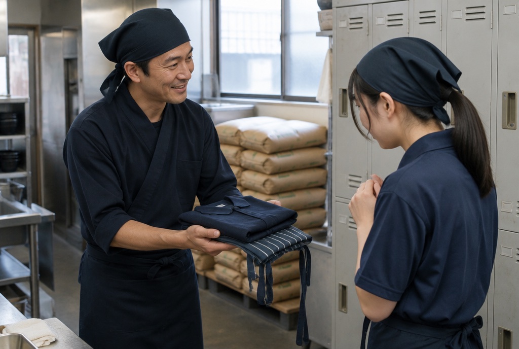 うどん店の裏で初出勤の新人に制服を渡す店長。AI生成のイメージで、実際の画面・事例・提供内容を示すものではありません。