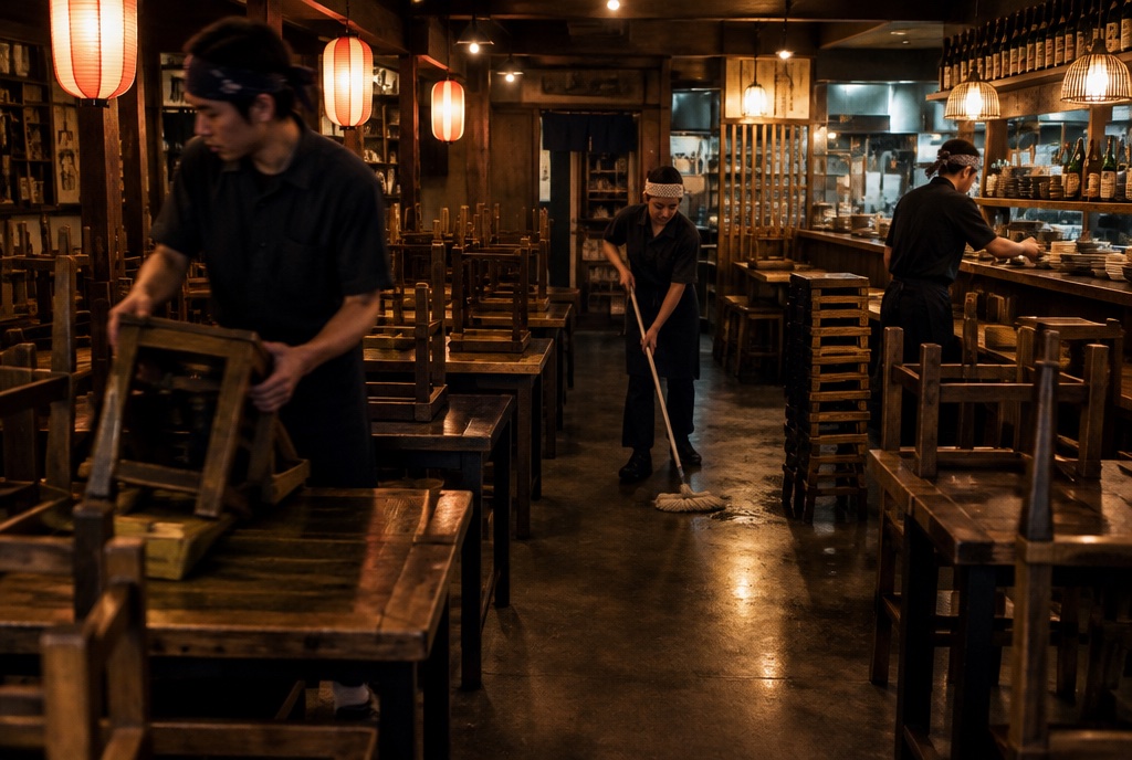 閉店後の居酒屋で椅子を上げて床を掃除するスタッフ。AI生成のイメージで、実際の画面・事例・提供内容を示すものではありません。