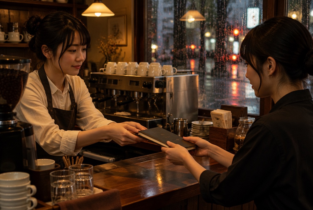 雨の夜の喫茶店で夜番のスタッフにノートを引き継ぐ様子。AI生成のイメージで、実際の画面・事例・提供内容を示すものではありません。