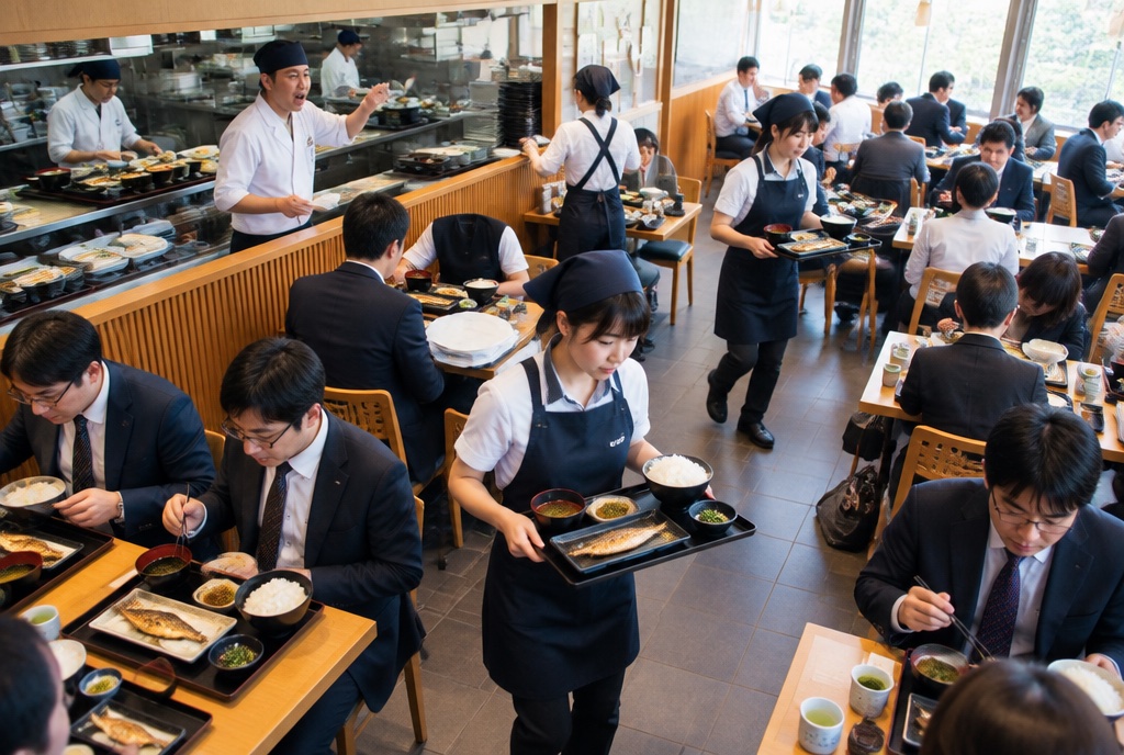 昼のピークの定食屋で定食を運ぶアルバイトたち。AI生成のイメージで、実際の画面・事例・提供内容を示すものではありません。