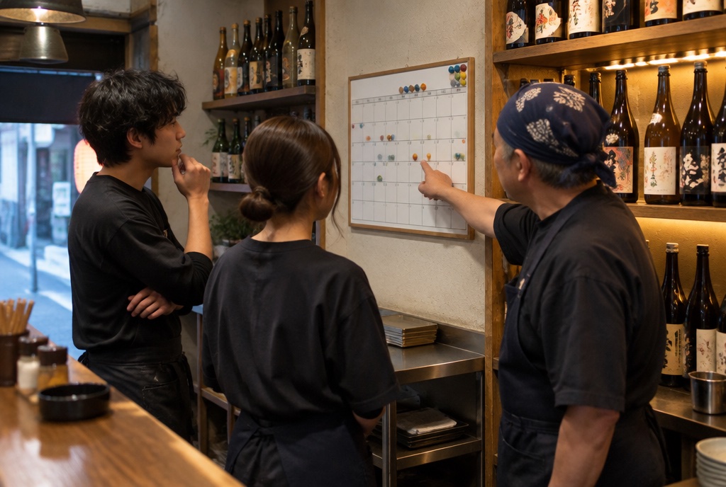 開店前の立ち飲み屋で週末のシフトを決める店主とバイト。AI生成のイメージで、実際の画面・事例・提供内容を示すものではありません。