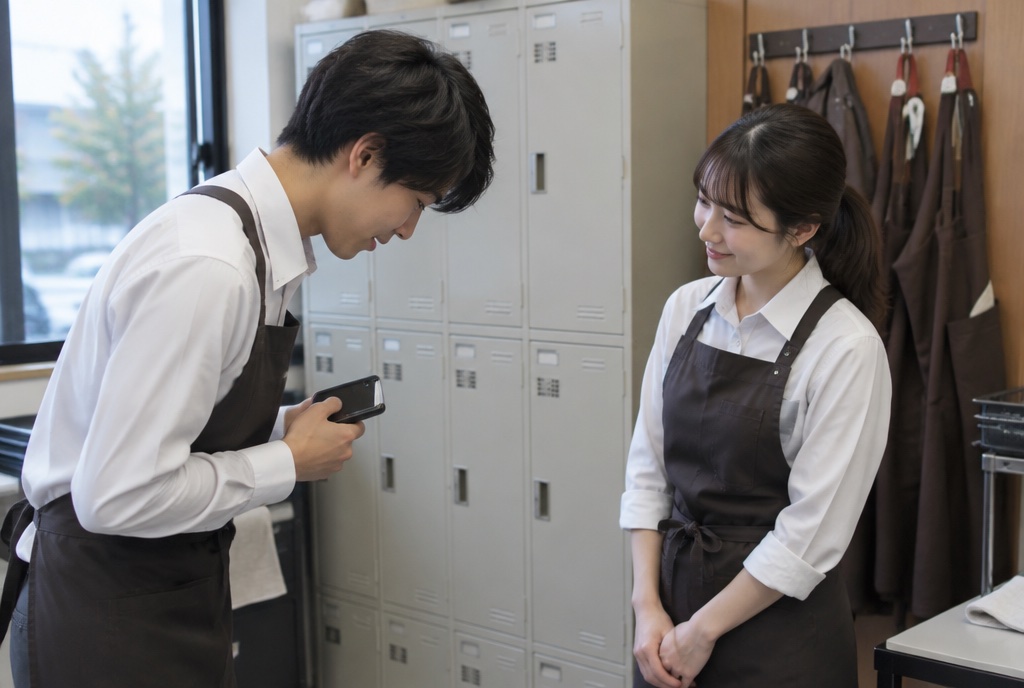 カフェの控室で同僚にシフト交代をお願いする大学生。AI生成のイメージで、実際の画面・事例・提供内容を示すものではありません。