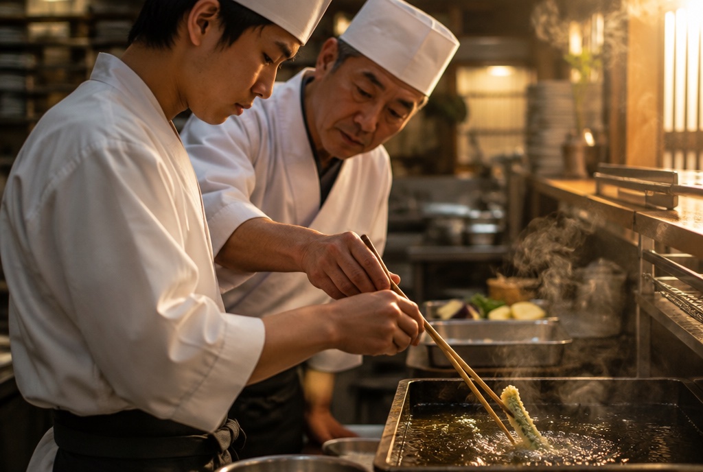 天ぷら店の厨房で新人に揚げ方を指導する店主。AI生成のイメージで、実際の画面・事例・提供内容を示すものではありません。