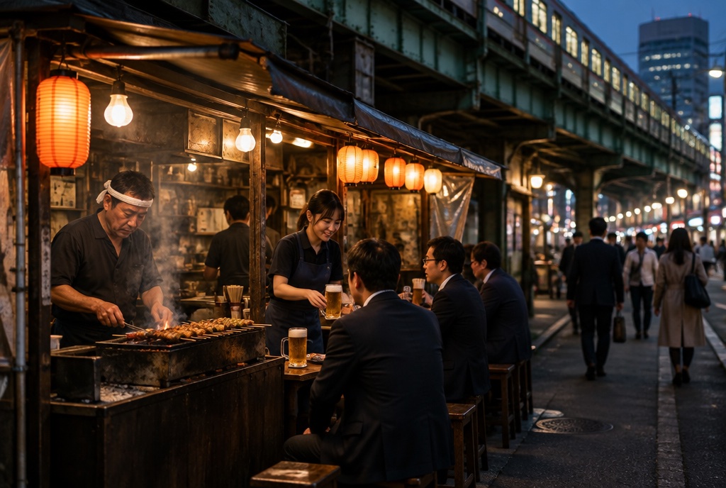 ガード下の焼き鳥屋で串を焼く店主と接客するアルバイト。AI生成のイメージで、実際の画面・事例・提供内容を示すものではありません。
