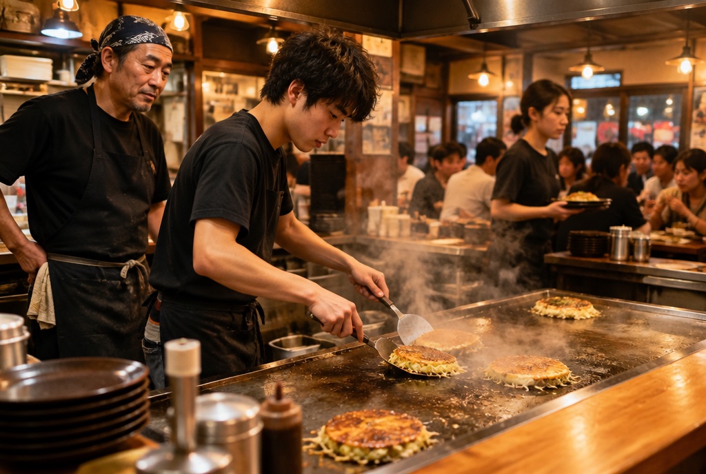 週末の夜のお好み焼き店で鉄板に向かうアルバイト。AI生成のイメージで、実際の画面・事例・提供内容を示すものではありません。