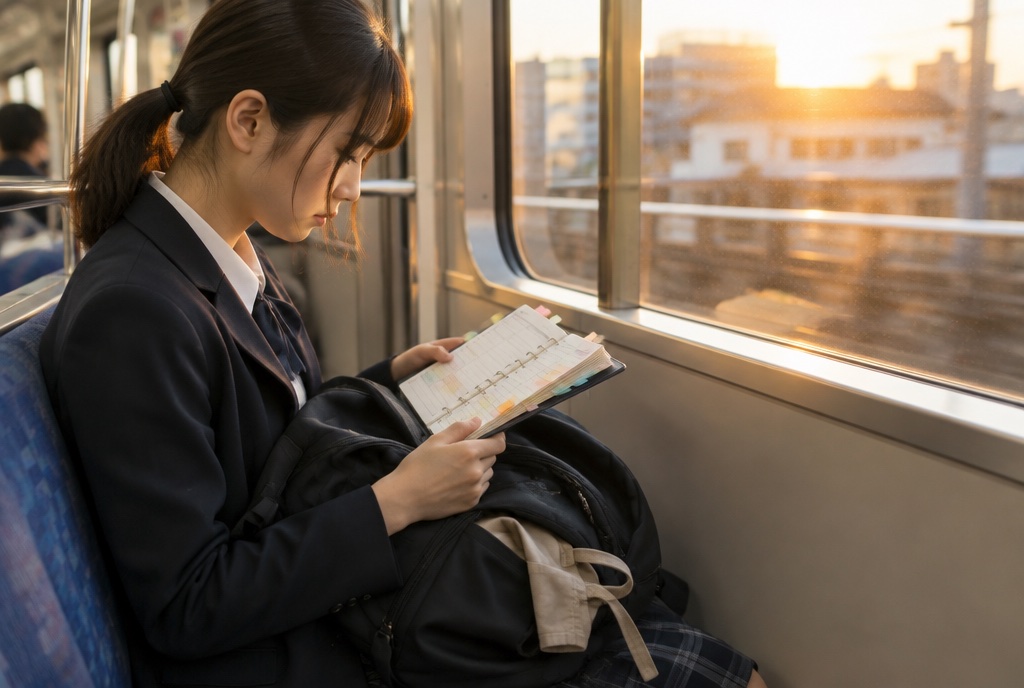 夕方の電車で手帳を見てバイトの予定を確認する大学生。AI生成のイメージで、実際の画面・事例・提供内容を示すものではありません。