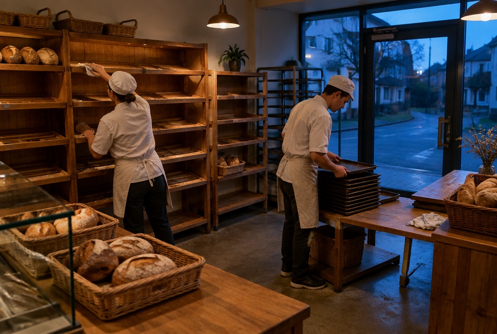 夕暮れのパン屋で棚を拭いて閉店準備をするスタッフ。AI生成のイメージで、実際の画面・事例・提供内容を示すものではありません。