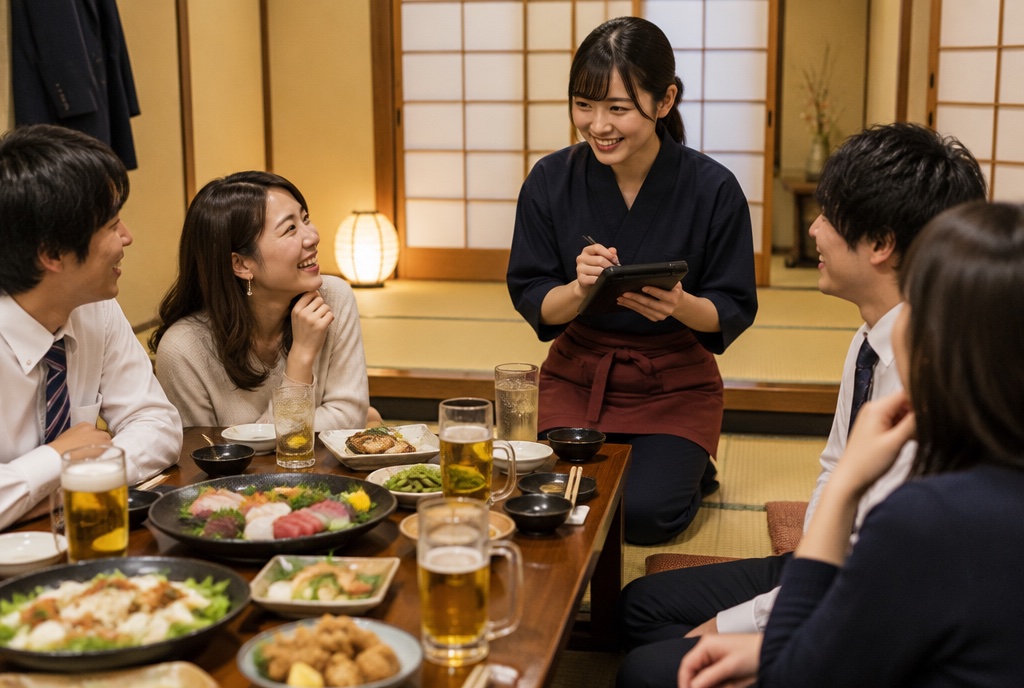 居酒屋の座敷で忘年会の注文を取るアルバイト店員。AI生成のイメージで、実際の画面・事例・提供内容を示すものではありません。