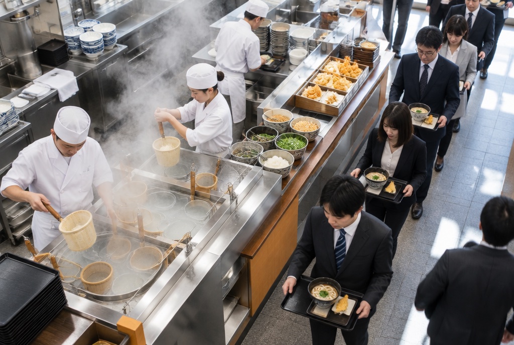 昼どきのセルフうどん店で麺をゆでるスタッフたち。AI生成のイメージで、実際の画面・事例・提供内容を示すものではありません。