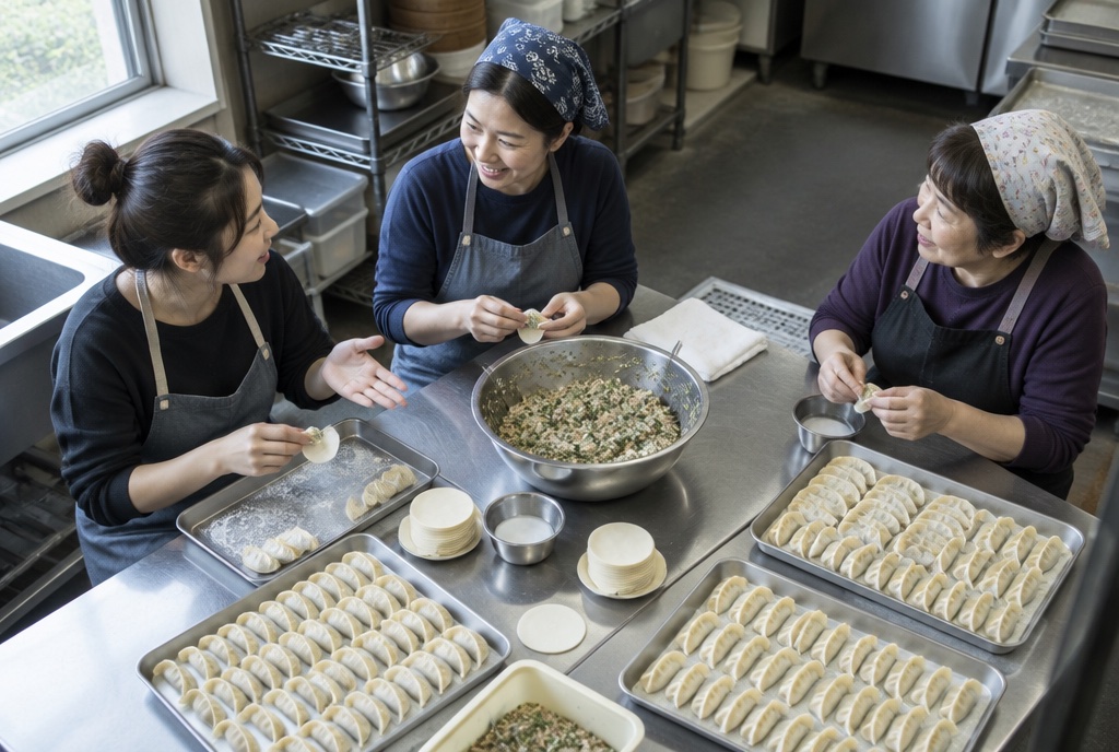 餃子を包みながら週末のシフト交代を相談するアルバイト。AI生成のイメージで、実際の画面・事例・提供内容を示すものではありません。