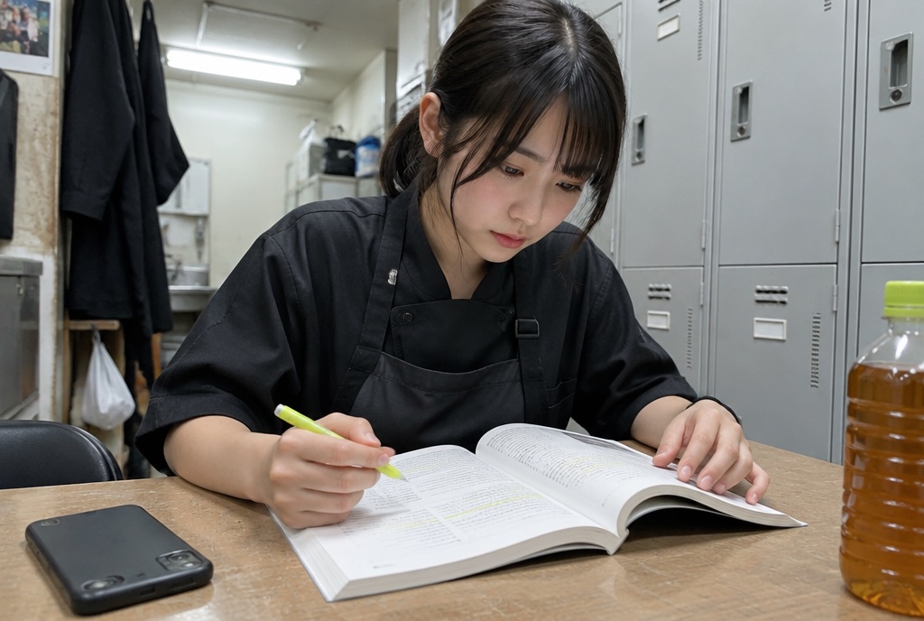 焼肉店の休憩中に教科書で勉強する制服姿の大学生。AI生成のイメージで、実際の画面・事例・提供内容を示すものではありません。