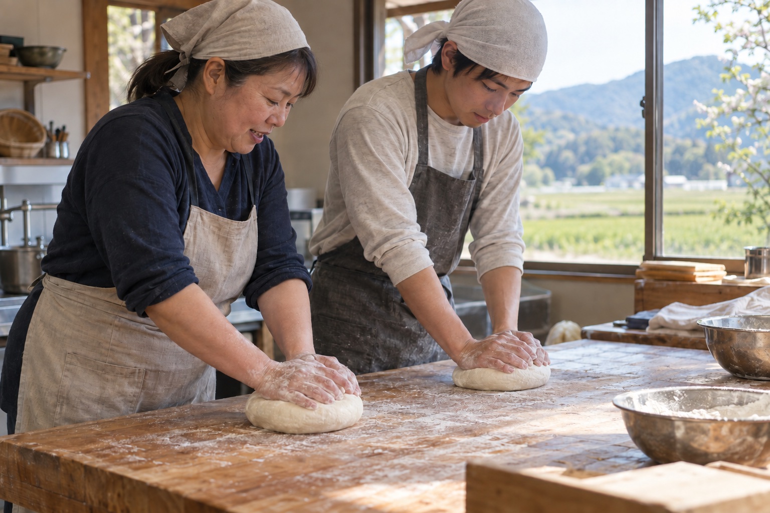 讃岐のうどん店で新人に生地のこね方を教える店主。AI生成のイメージで、実際の画面・事例・提供内容を示すものではありません。
