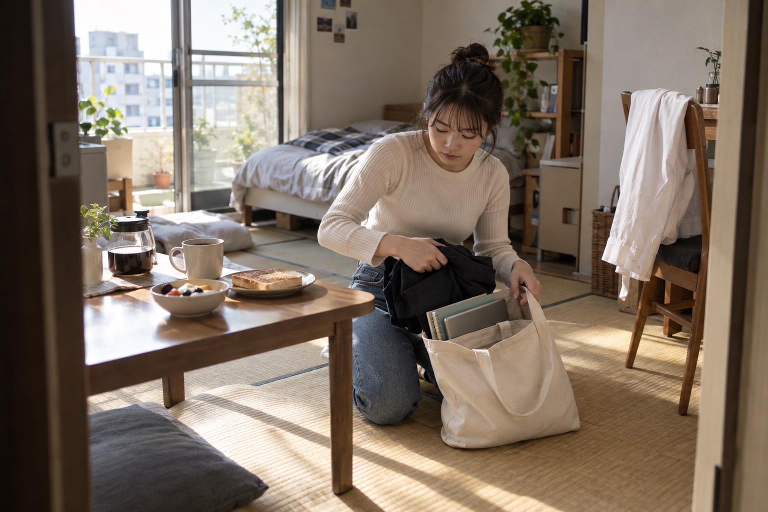 授業前にノートとカフェのエプロンを鞄に詰める大学生。AI生成のイメージで、実際の画面・事例・提供内容を示すものではありません。