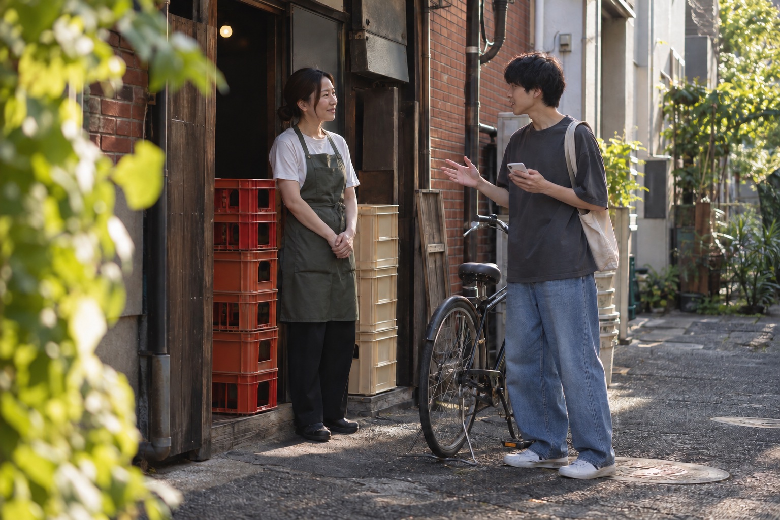 居酒屋の搬入口で勤務交代を相談するアルバイト。AI生成のイメージで、実際の画面・事例・提供内容を示すものではありません。