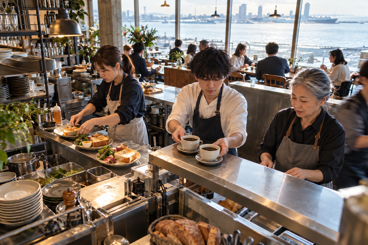 港町のカフェで朝の注文を手分けして仕上げるスタッフ。AI生成のイメージで、実際の画面・事例・提供内容を示すものではありません。