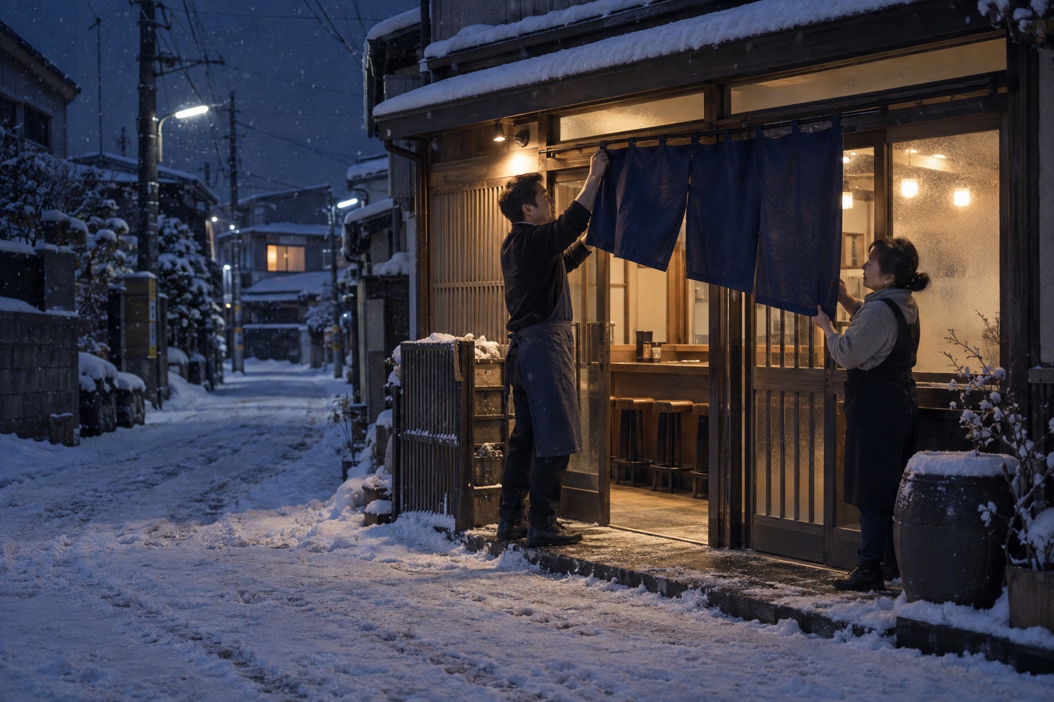 雪の夜にラーメン店の暖簾を外して閉店するスタッフ。AI生成のイメージで、実際の画面・事例・提供内容を示すものではありません。