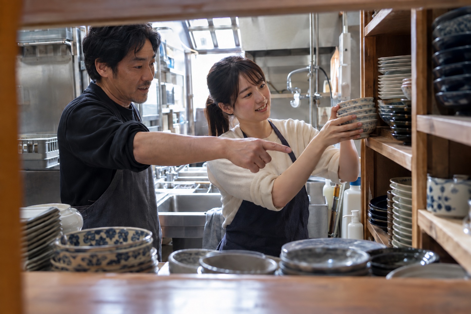定食屋で新人に食器の収納場所を案内する先輩。AI生成のイメージで、実際の画面・事例・提供内容を示すものではありません。