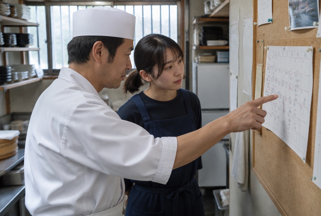 寿司店の控室でシフト表を確認する店主とアルバイト。AI生成のイメージで、実際の画面・事例・提供内容を示すものではありません。