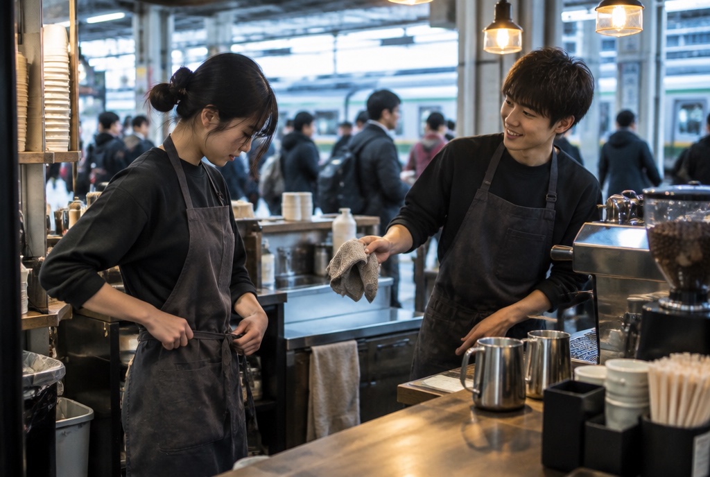 朝の駅ナカのコーヒースタンドで交代するバリスタ。AI生成のイメージで、実際の画面・事例・提供内容を示すものではありません。