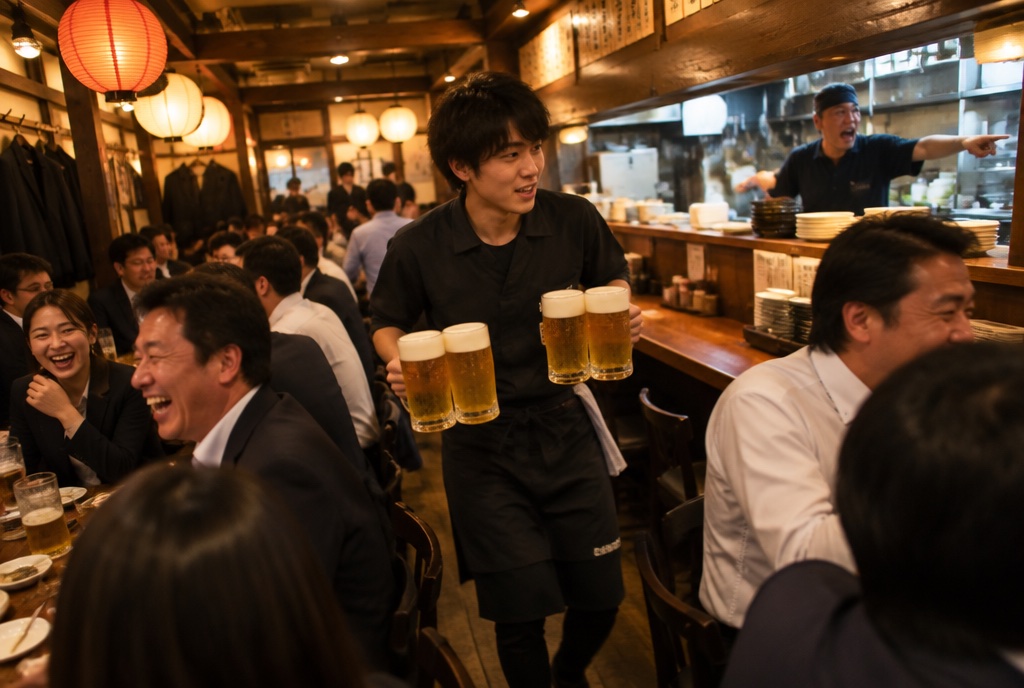金曜夜の混雑した居酒屋でジョッキを運ぶアルバイト。AI生成のイメージで、実際の画面・事例・提供内容を示すものではありません。