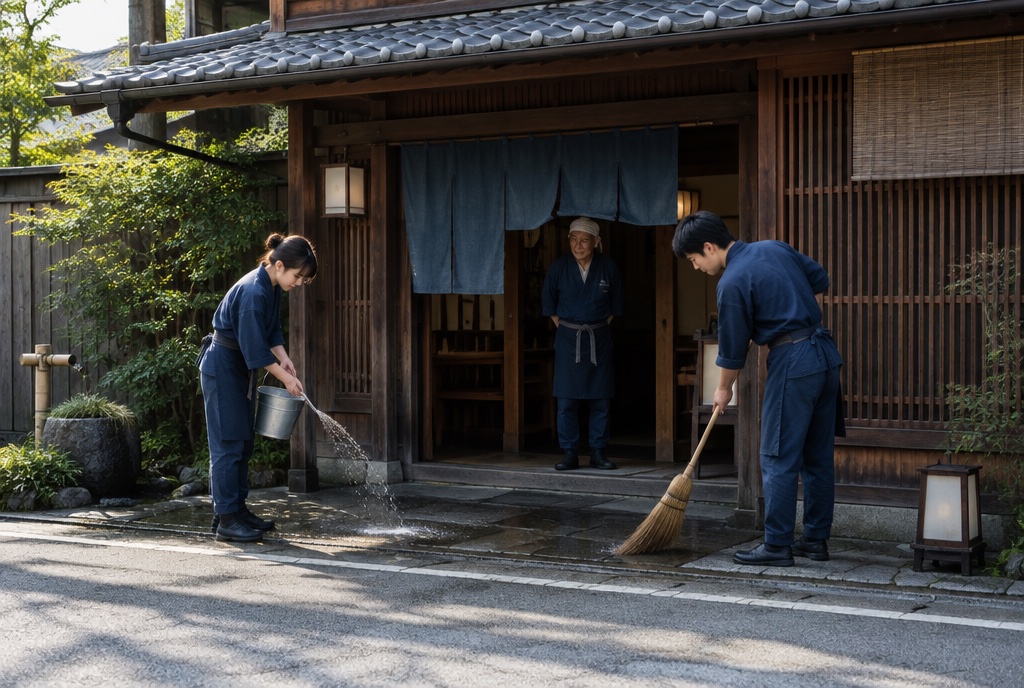 開店前のそば店で打ち水と掃除をするスタッフ。AI生成のイメージで、実際の画面・事例・提供内容を示すものではありません。