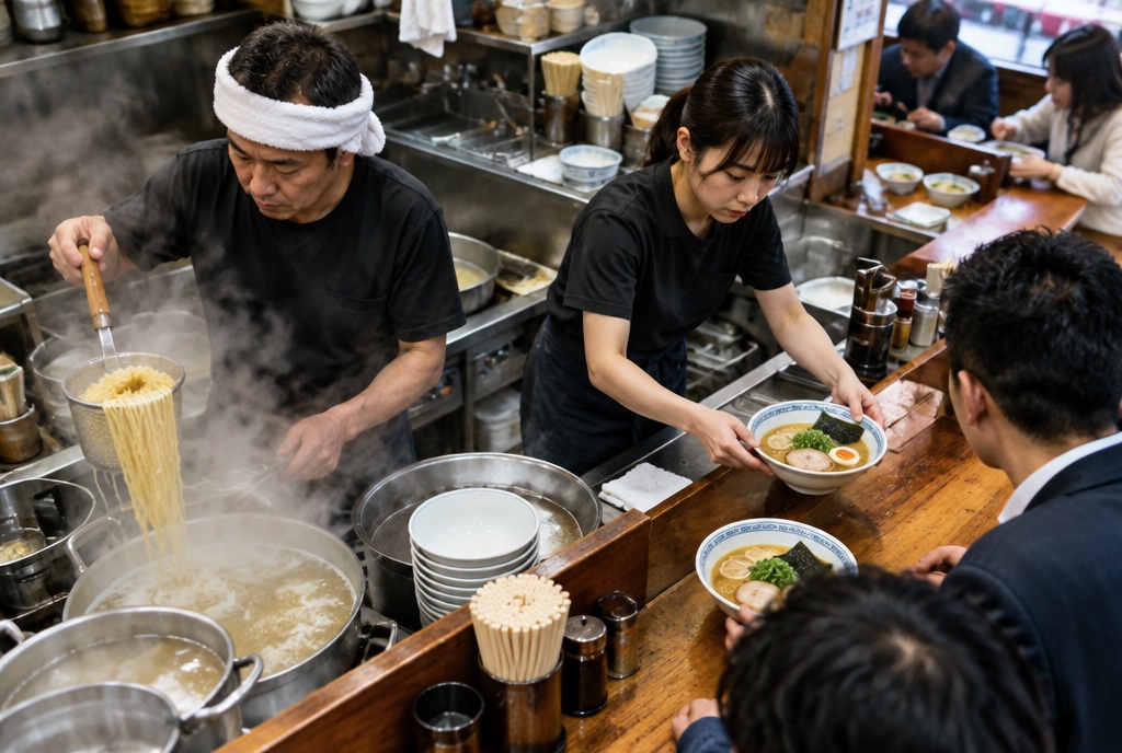 昼の混雑時にラーメンを提供する店主とアルバイト。AI生成のイメージで、実際の画面・事例・提供内容を示すものではありません。
