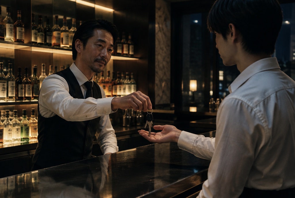 深夜のバーで閉店時に後輩へ鍵を渡すバーテンダー。AI生成のイメージで、実際の画面・事例・提供内容を示すものではありません。