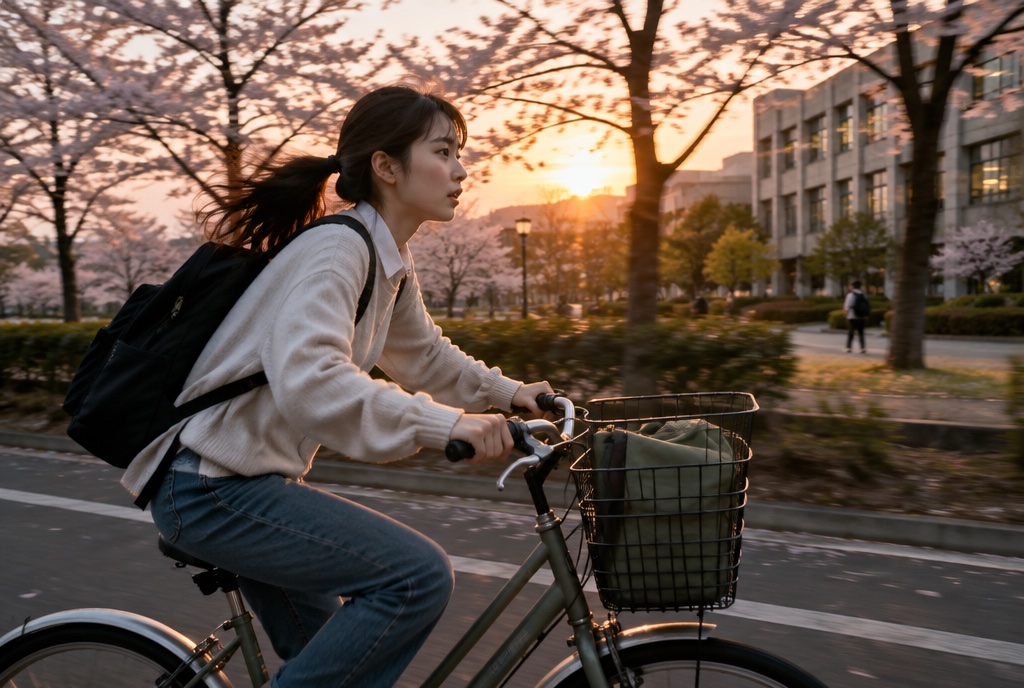 夕暮れに自転車でバイト先へ向かう女子大学生。AI生成のイメージで、実際の画面・事例・提供内容を示すものではありません。