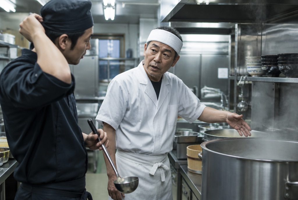 うどん店の厨房で夜番にだしの鍋を引き継ぐ調理人。AI生成のイメージで、実際の画面・事例・提供内容を示すものではありません。