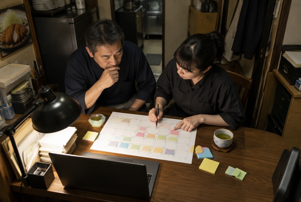 とんかつ店の事務所で来月の人員配置を考える店主と店長。AI生成のイメージで、実際の画面・事例・提供内容を示すものではありません。