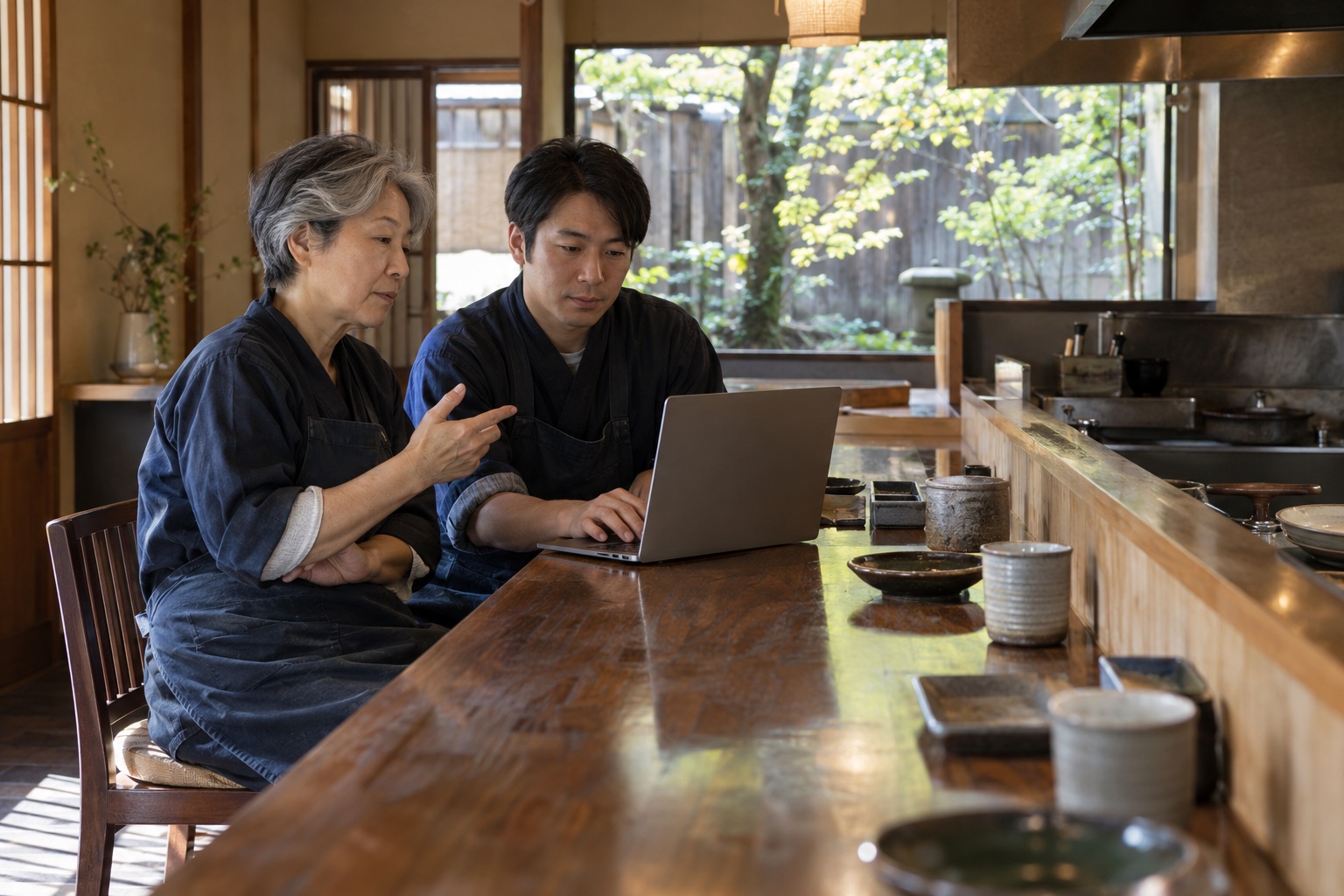 天ぷら店の窓際で勤務予定を組む店主と店長。AI生成のイメージで、実際の画面・事例・提供内容を示すものではありません。