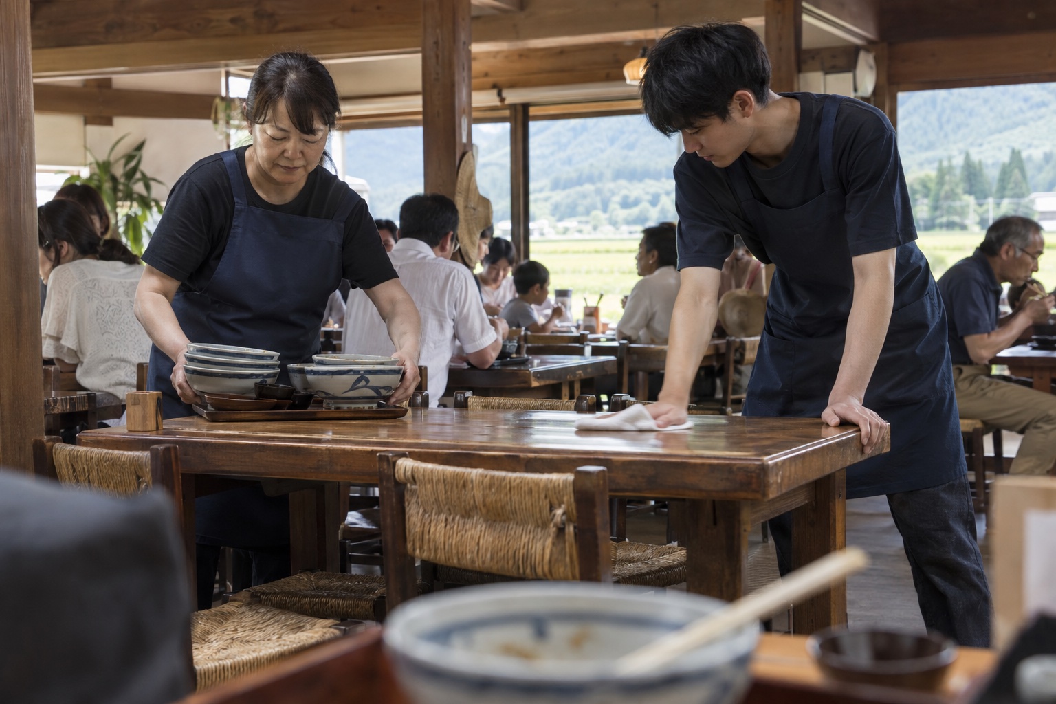 昼のうどん店で客席を片付けるアルバイト。AI生成のイメージで、実際の画面・事例・提供内容を示すものではありません。