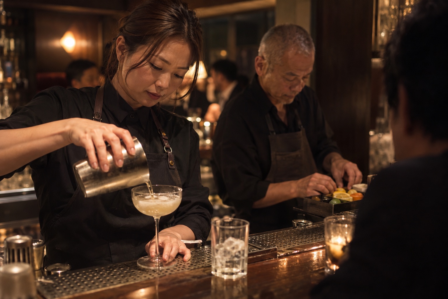 夜のバーで注文を手分けして仕上げる二人。AI生成のイメージで、実際の画面・事例・提供内容を示すものではありません。