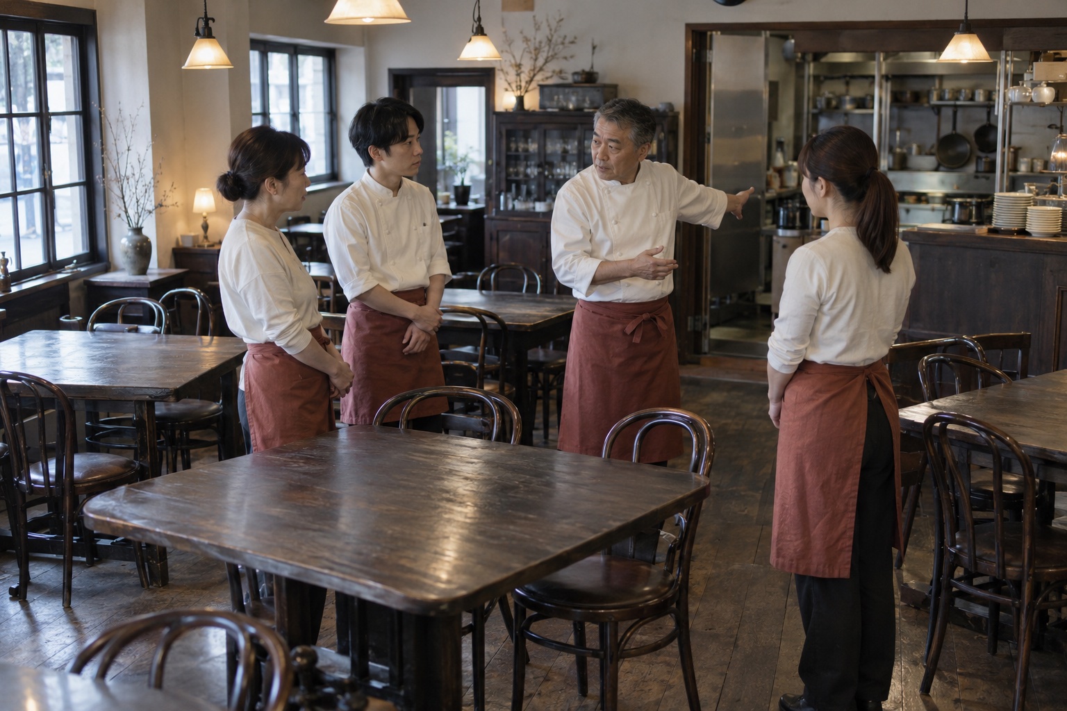 洋食店の開店前に持ち場を確認するスタッフ。AI生成のイメージで、実際の画面・事例・提供内容を示すものではありません。
