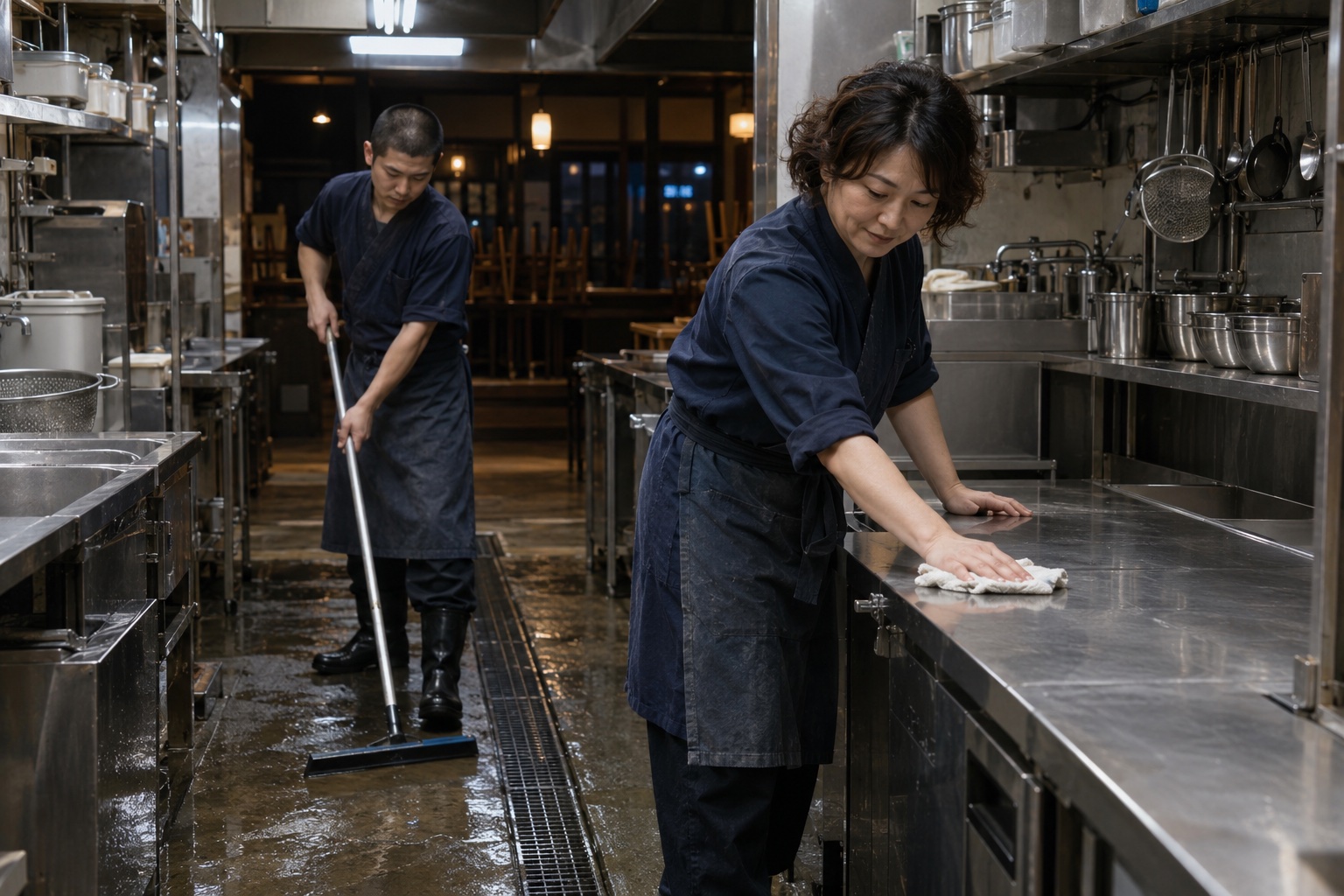 深夜の和食店で厨房の清掃を終えるスタッフ。AI生成のイメージで、実際の画面・事例・提供内容を示すものではありません。