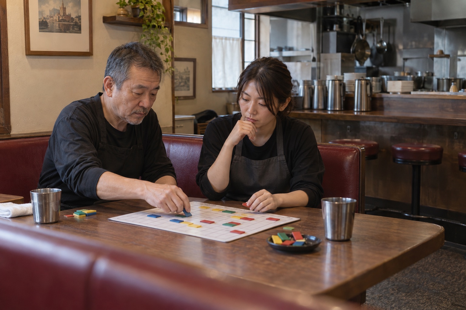 カレー店の客席で勤務予定を組む店主と店長。AI生成のイメージで、実際の画面・事例・提供内容を示すものではありません。