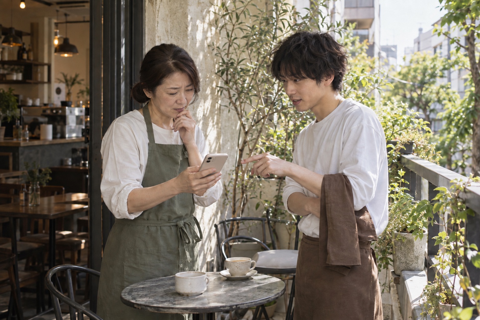 カフェのベランダで勤務交代を相談する二人。AI生成のイメージで、実際の画面・事例・提供内容を示すものではありません。