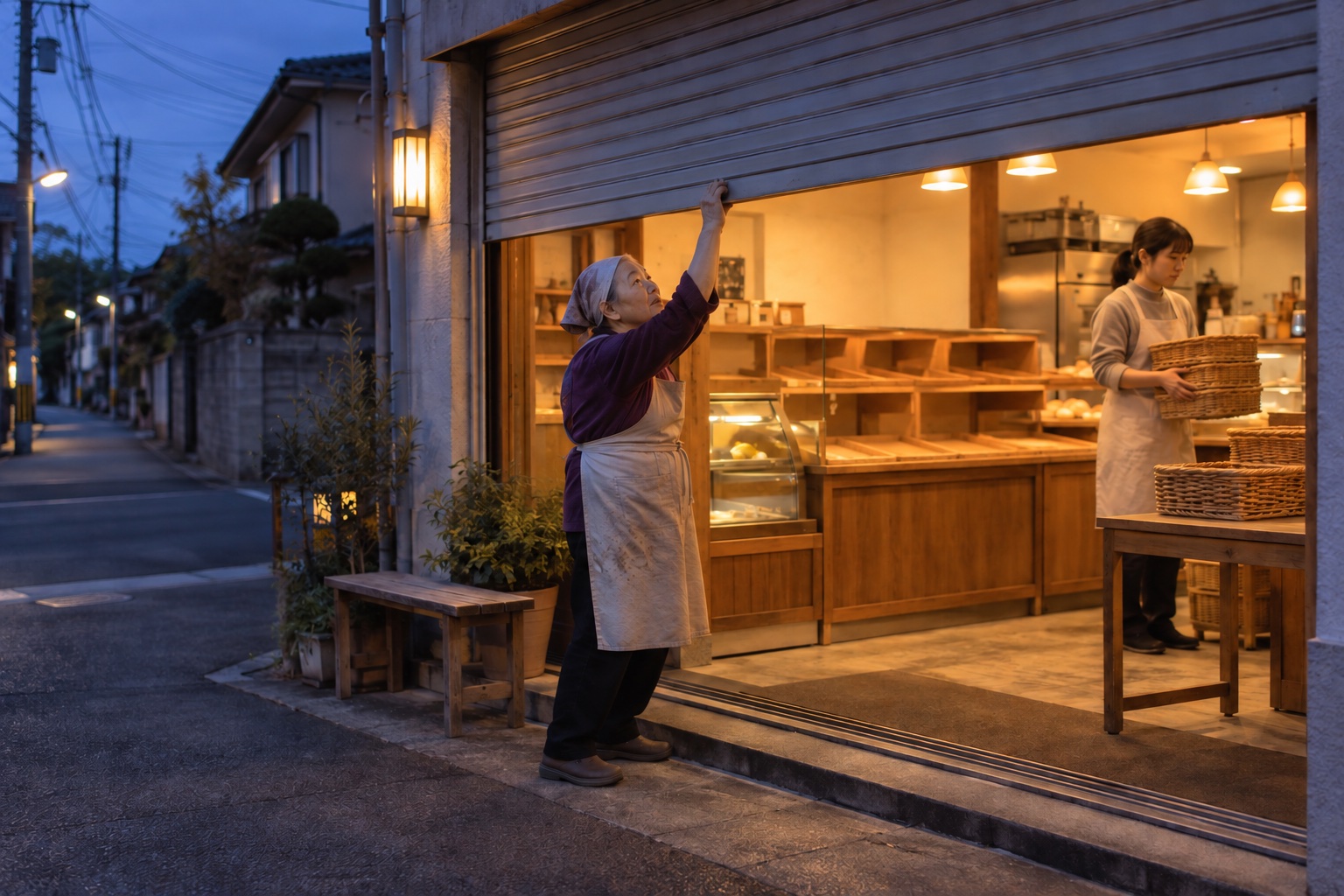 夕暮れのパン屋でシャッターを下ろす店主。AI生成のイメージで、実際の画面・事例・提供内容を示すものではありません。