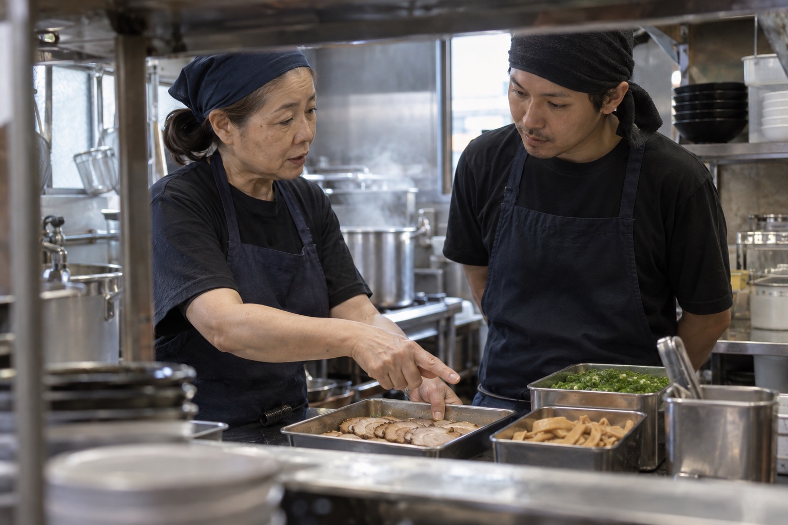ラーメン店で具材の仕込みを引き継ぐ二人。AI生成のイメージで、実際の画面・事例・提供内容を示すものではありません。