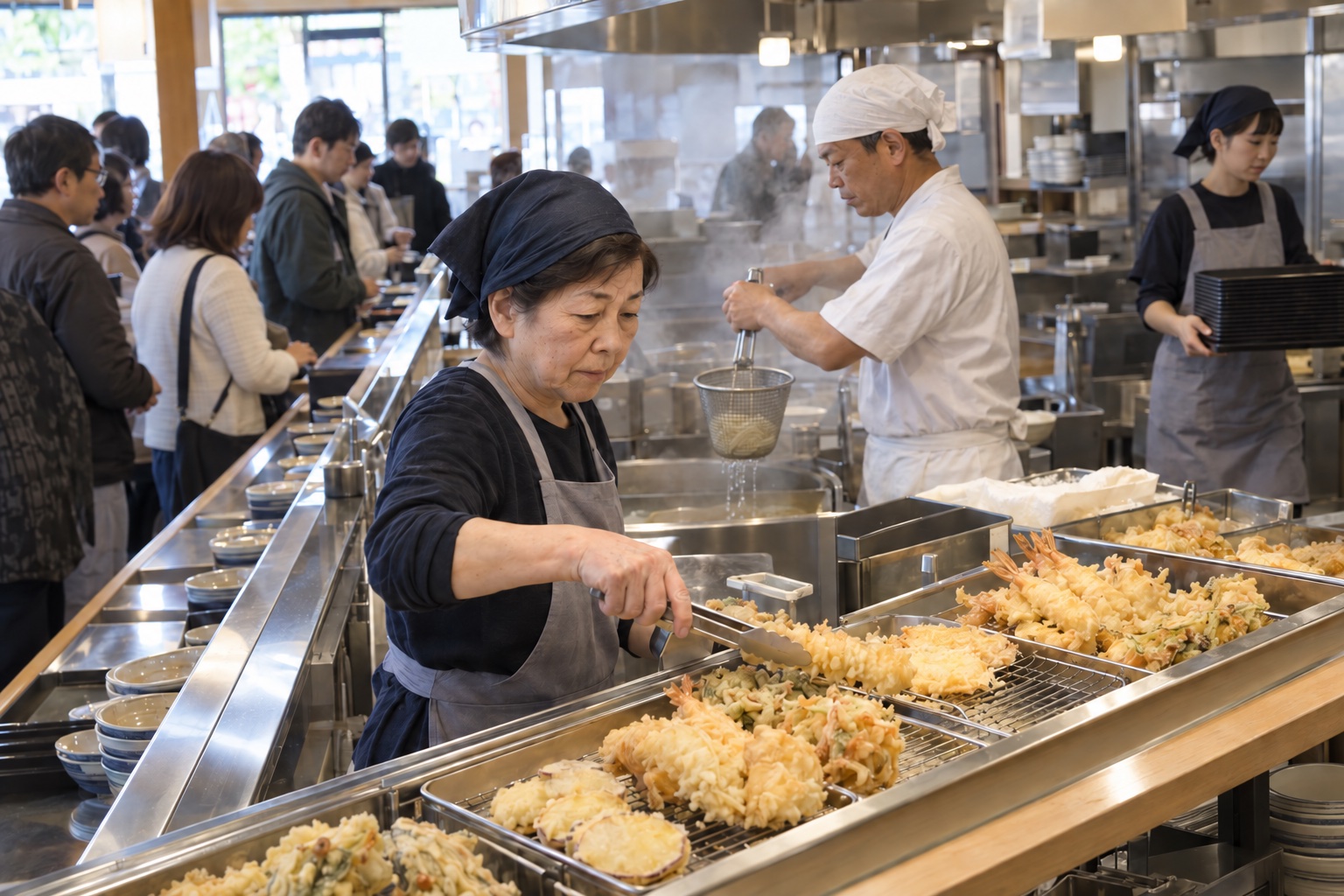 混み合ううどん店で天ぷらを補充するスタッフ。AI生成のイメージで、実際の画面・事例・提供内容を示すものではありません。