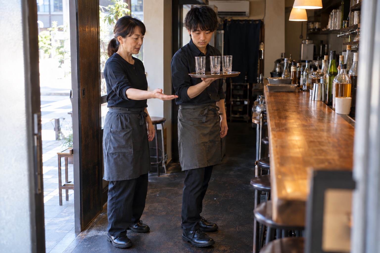 立ち飲みバーで新人に盆の持ち方を教える先輩。AI生成のイメージで、実際の画面・事例・提供内容を示すものではありません。
