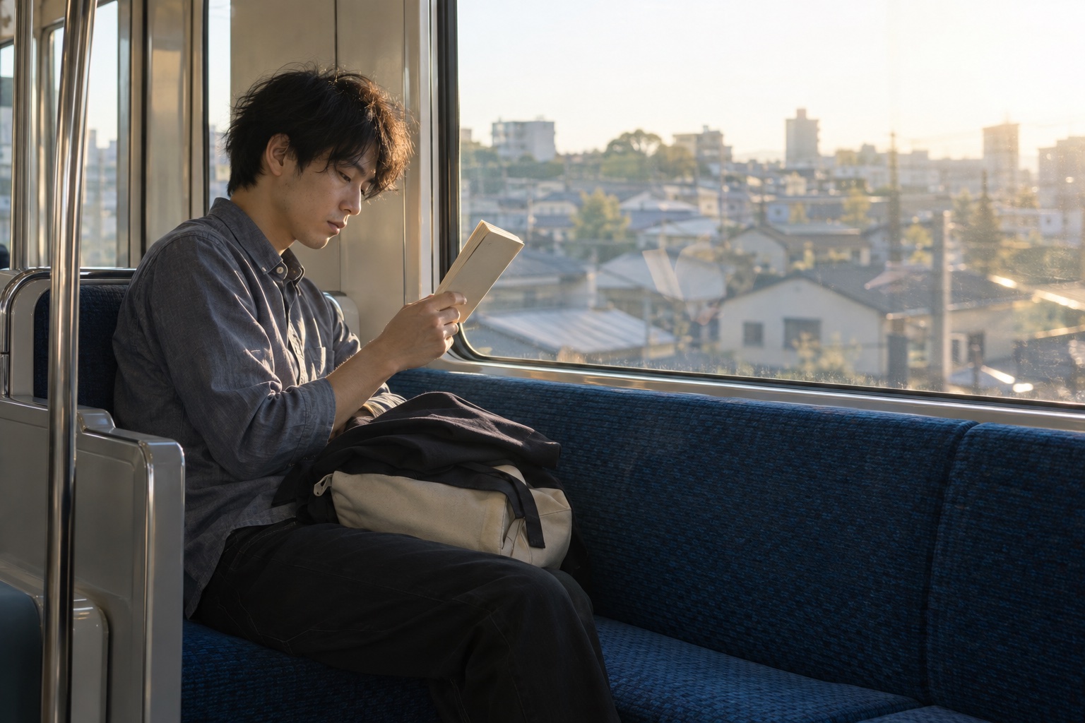 通学電車で授業の予習をする飲食店アルバイト。AI生成のイメージで、実際の画面・事例・提供内容を示すものではありません。