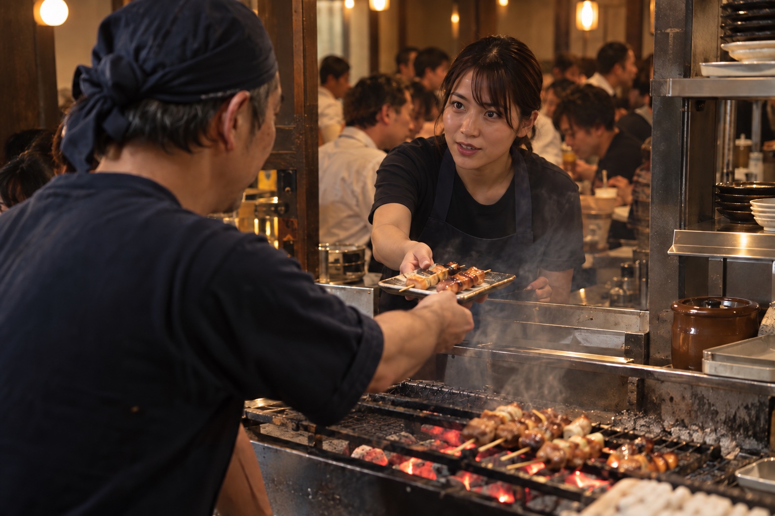 炭火焼きの居酒屋で料理の受け渡しを急ぐ二人。AI生成のイメージで、実際の画面・事例・提供内容を示すものではありません。